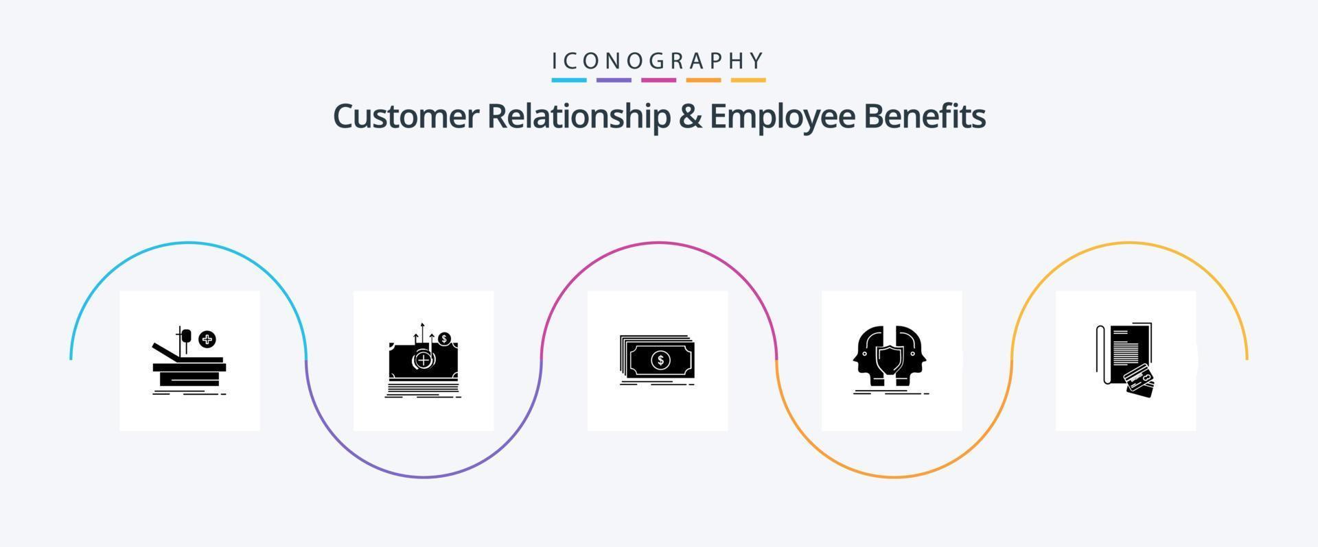 client relation et employé avantages glyphe 5 icône pack comprenant note. identité. argent. double. homme vecteur