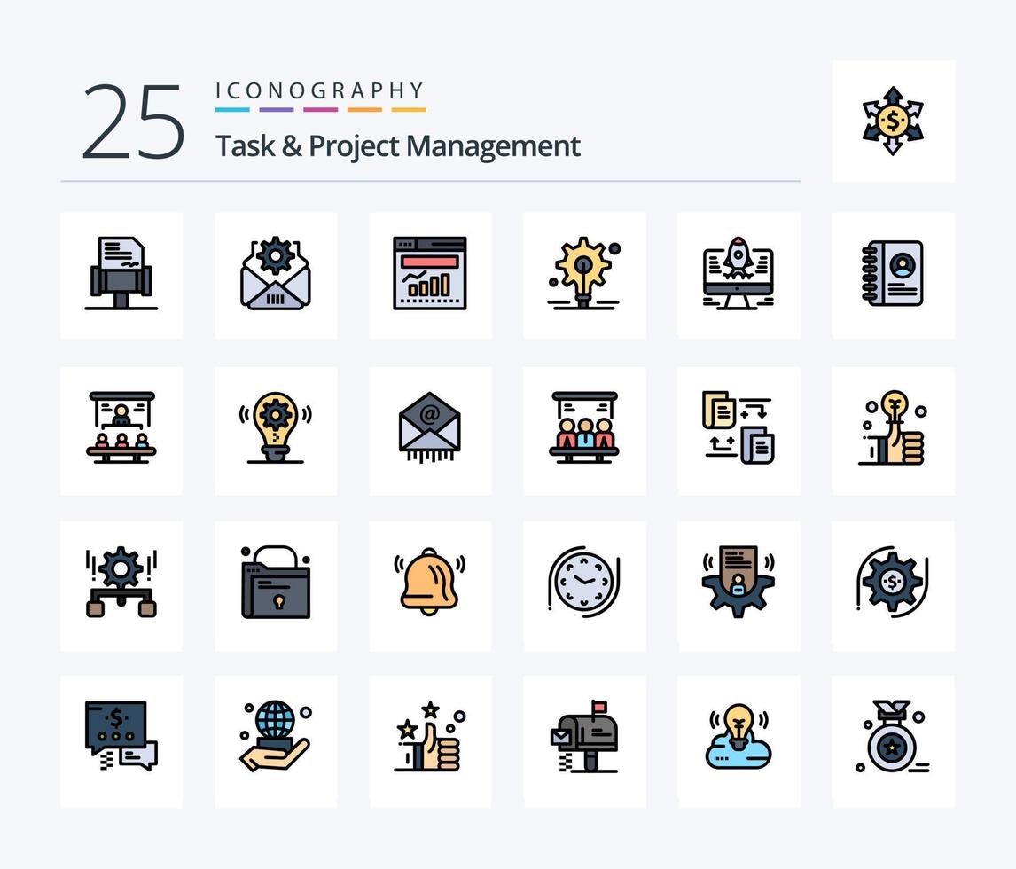 tâche et projet la gestion 25 ligne rempli icône pack comprenant contact. Commencez. l'Internet. fusée. idée vecteur