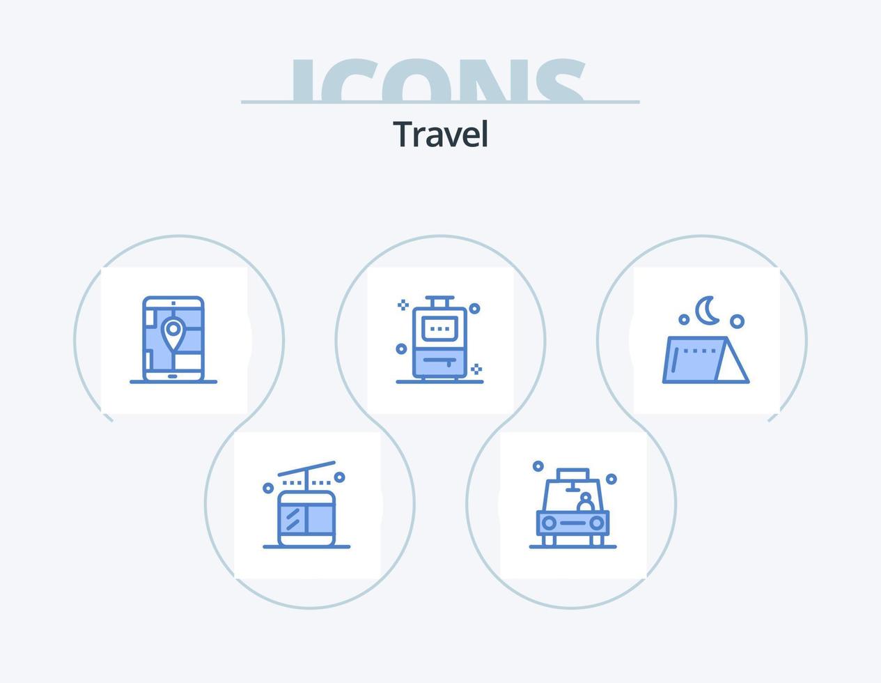 Voyage bleu icône pack 5 icône conception. tente. camping. application. vacances. sac vecteur