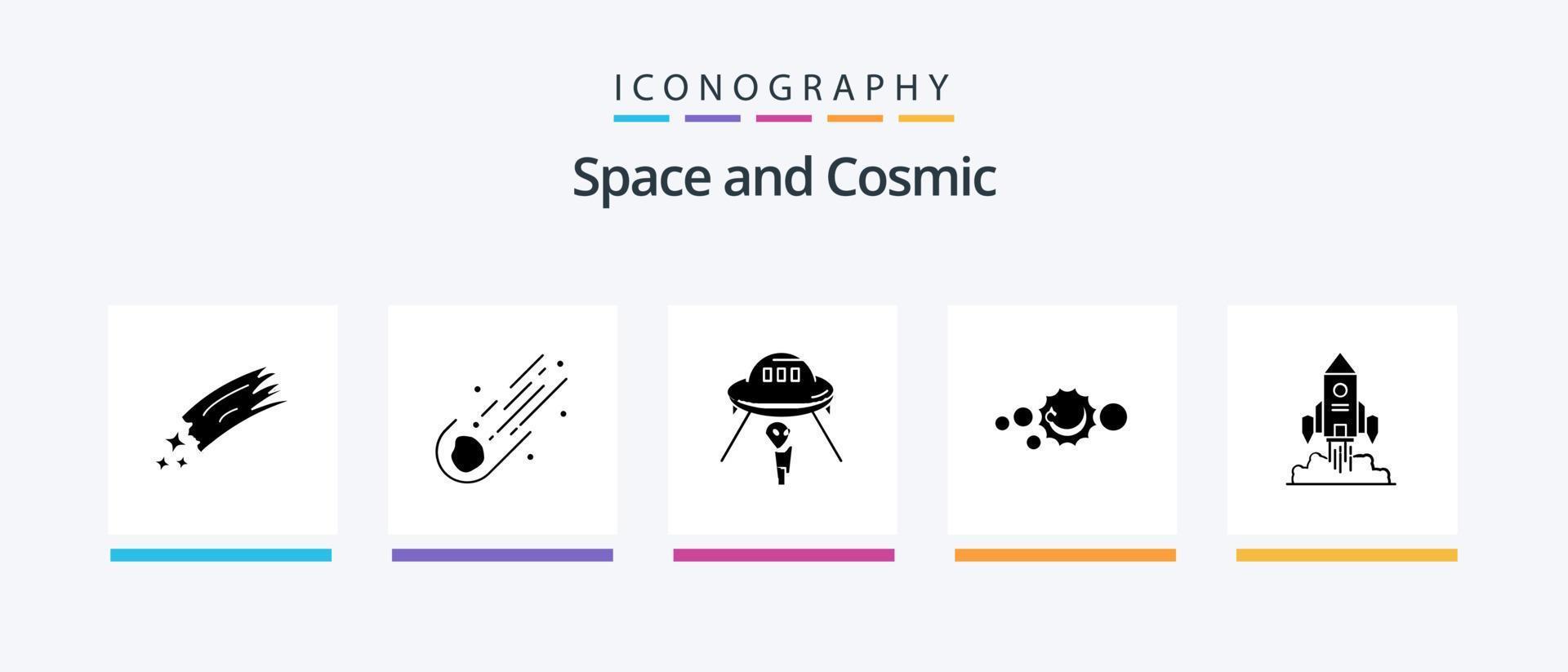 espace glyphe 5 icône pack comprenant Commencez. fusée. vaisseau spatial. astronomie. univers. Créatif Icônes conception vecteur