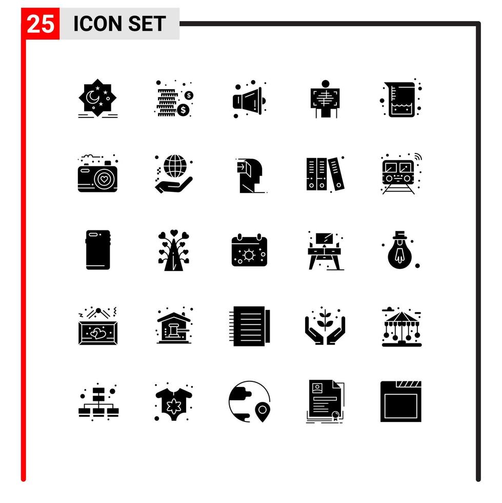 25 utilisateur interface solide glyphe pack de moderne panneaux et symboles de tube flacons mégaphone radiologie patient modifiable vecteur conception éléments