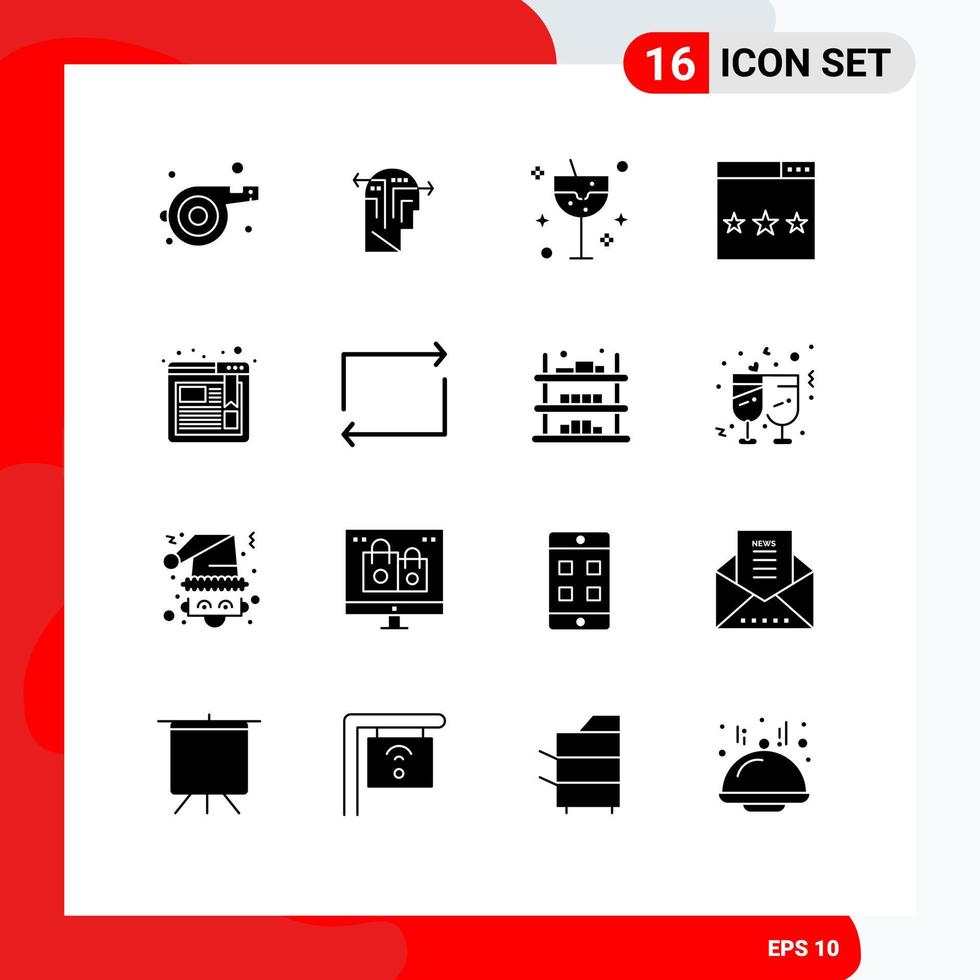 groupe de 16 solide glyphes panneaux et symboles pour navigateur chercher boisson classement médias modifiable vecteur conception éléments