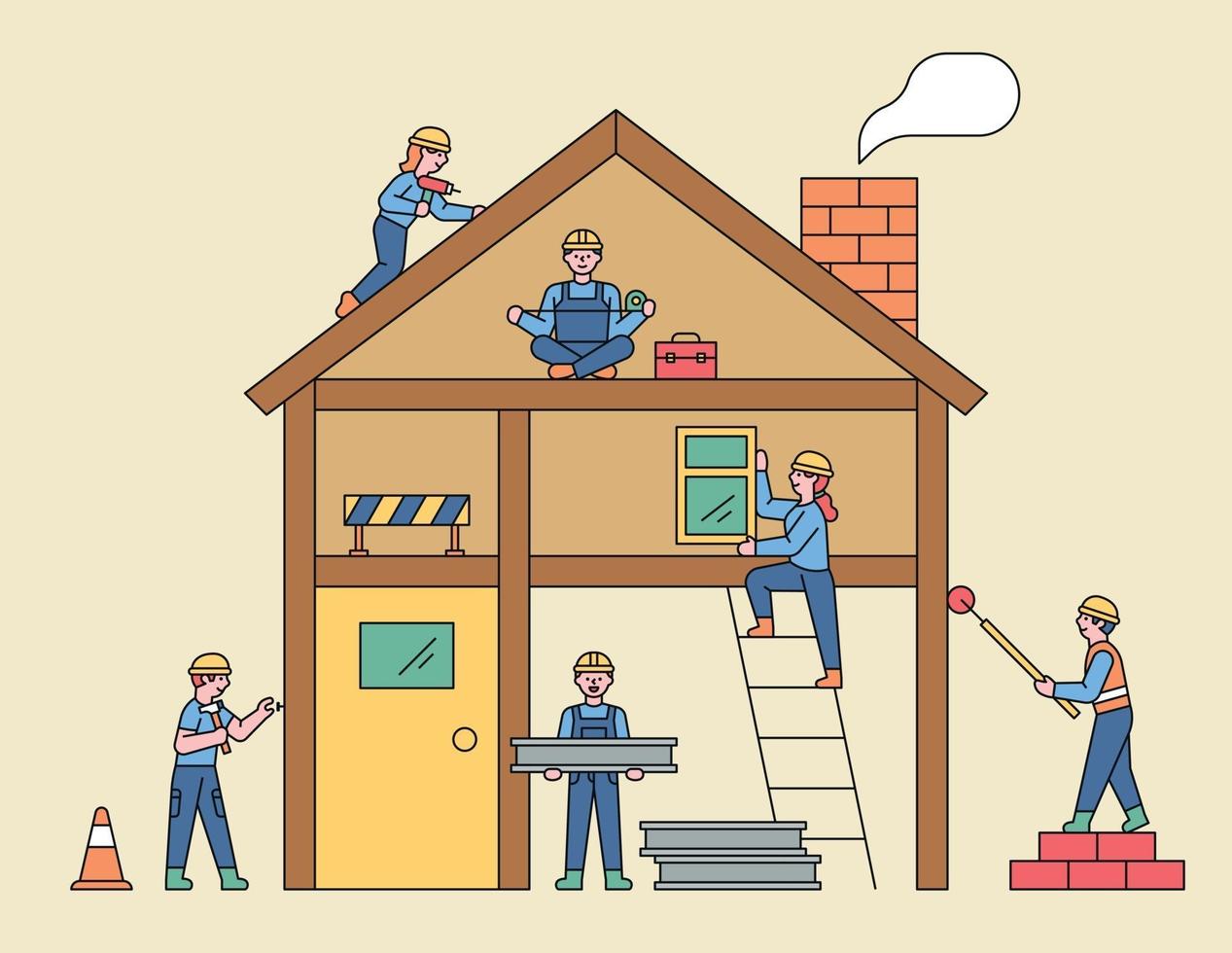 personnes sur le chantier. des gens mignons construisent des maisons autour de la section de la maison. illustration vectorielle minimale de style design plat. vecteur