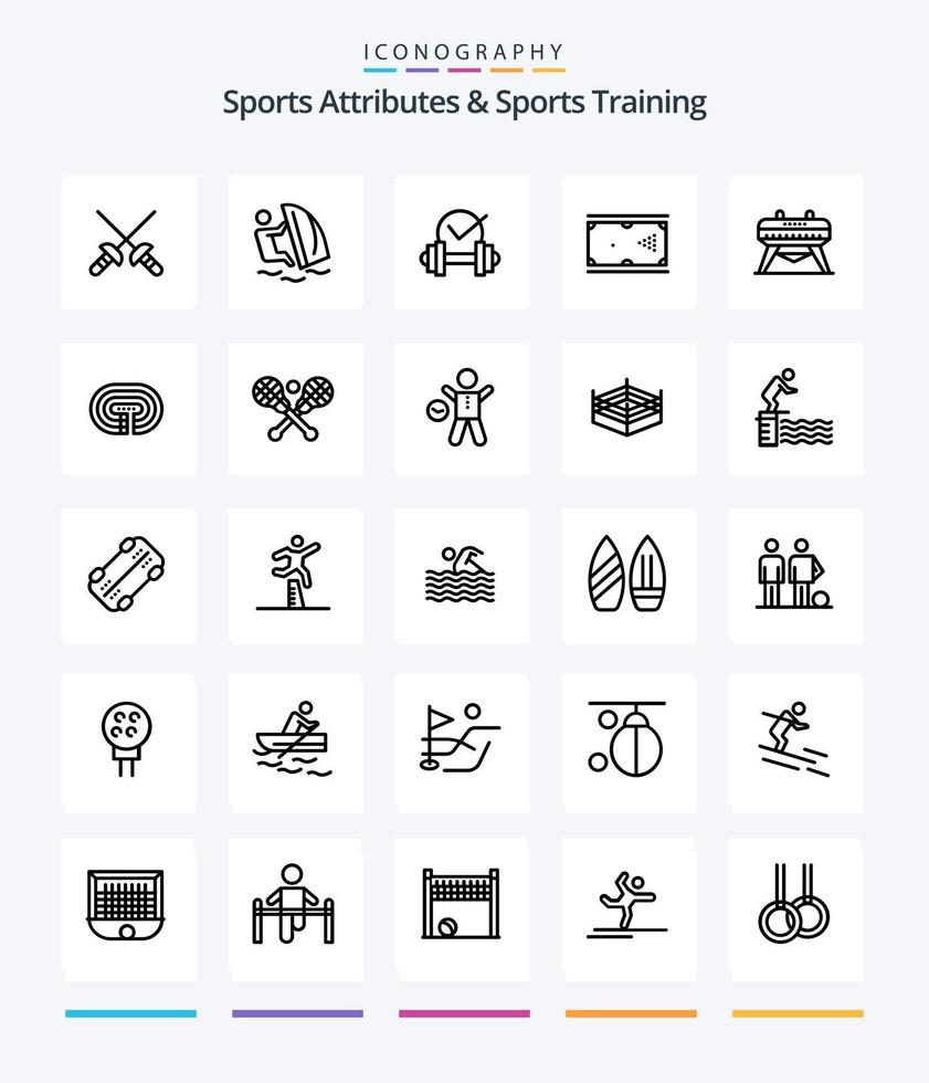 Créatif des sports attributs et des sports formation 25 contour icône pack tel comme gymnastique. poche. haltère. jeu. billard vecteur