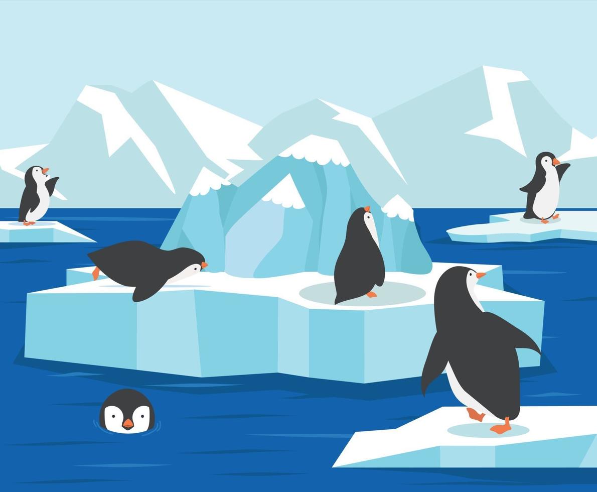 Antarctique du pôle nord avec fond de famille de pingouins vecteur