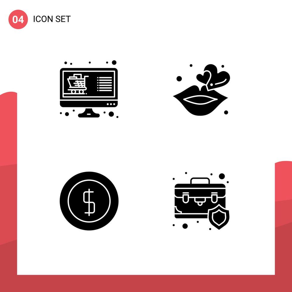 mobile interface solide glyphe ensemble de 4 pictogrammes de acheter en espèces afficher lèvres commerce électronique modifiable vecteur conception éléments