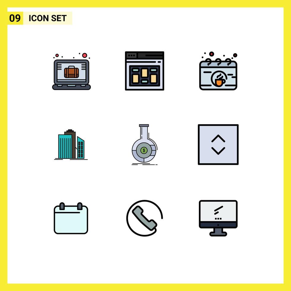 mobile interface ligne remplie plat Couleur ensemble de 9 pictogrammes de réel biens affaires calendrier bâtiments gratte-ciel modifiable vecteur conception éléments