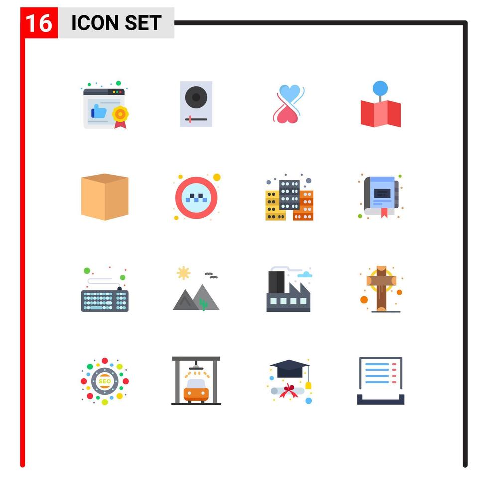 moderne ensemble de 16 plat couleurs pictogramme de livraison boîte cœur épingle carte modifiable pack de Créatif vecteur conception éléments