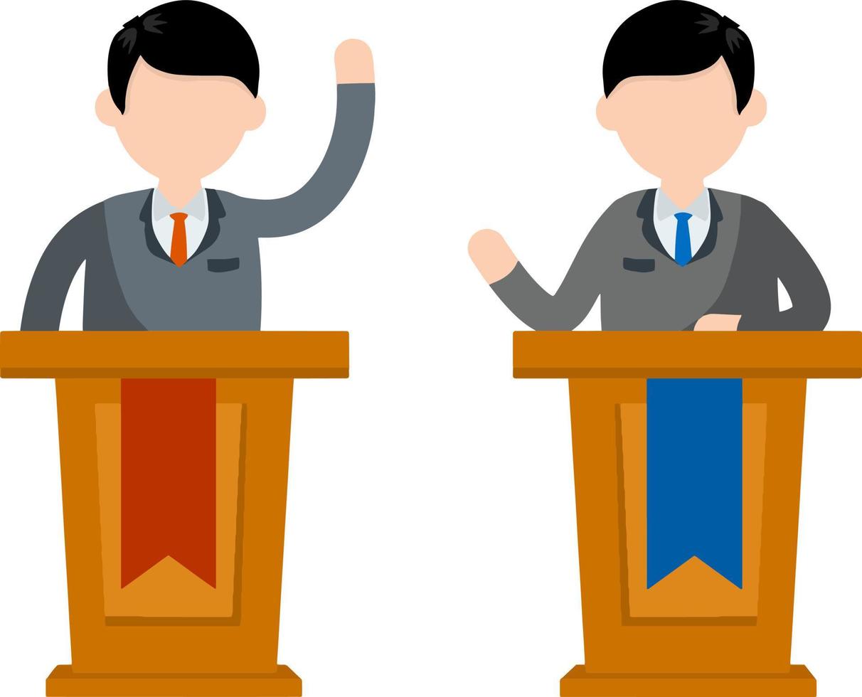 débat politique et dispute entre deux candidats à la présidence. tribune et tribune. dialogue et élections. podium pour la parole. tribune et homme en costume. vecteur