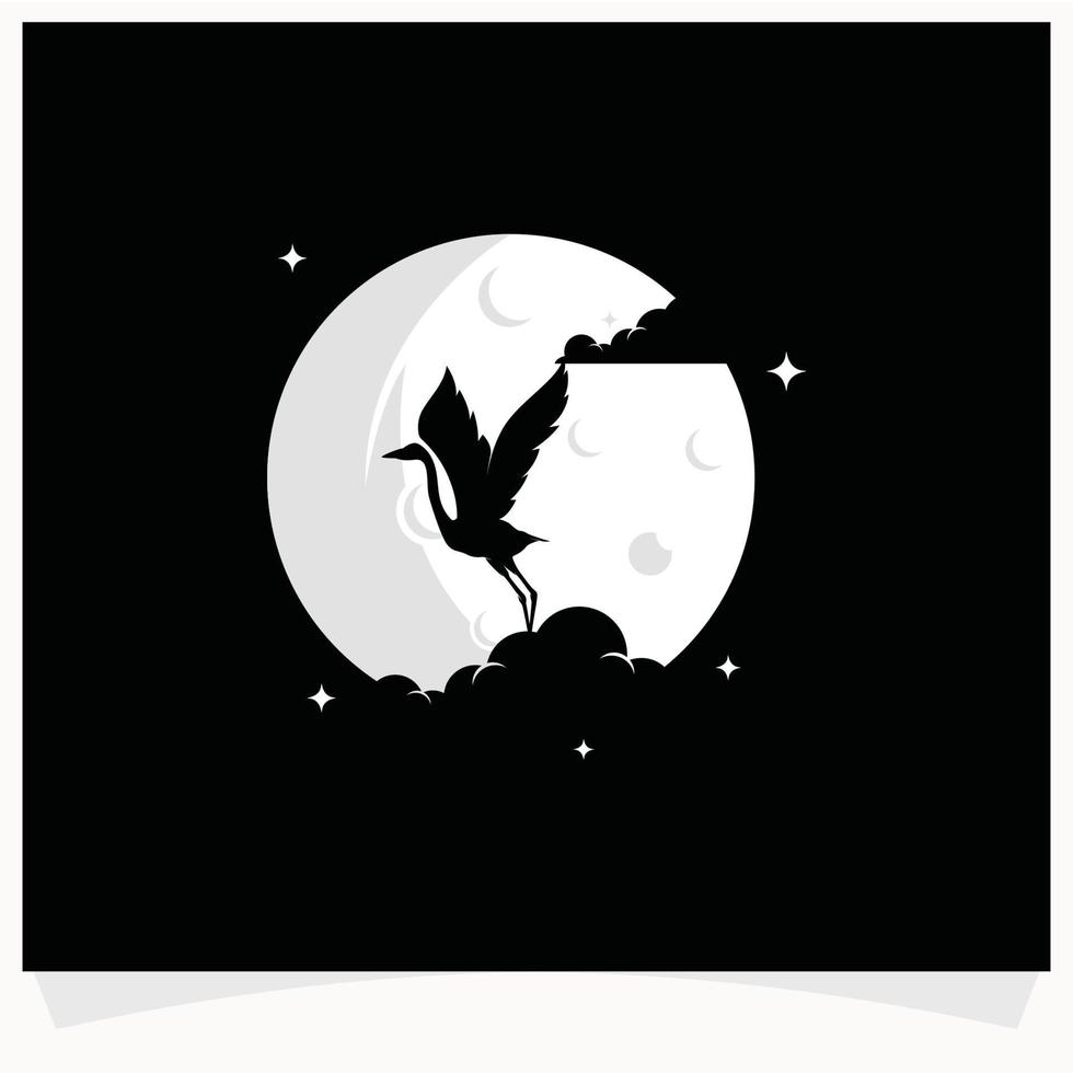 silhouette de héron avec modèle de conception de logo de fond de lune vecteur
