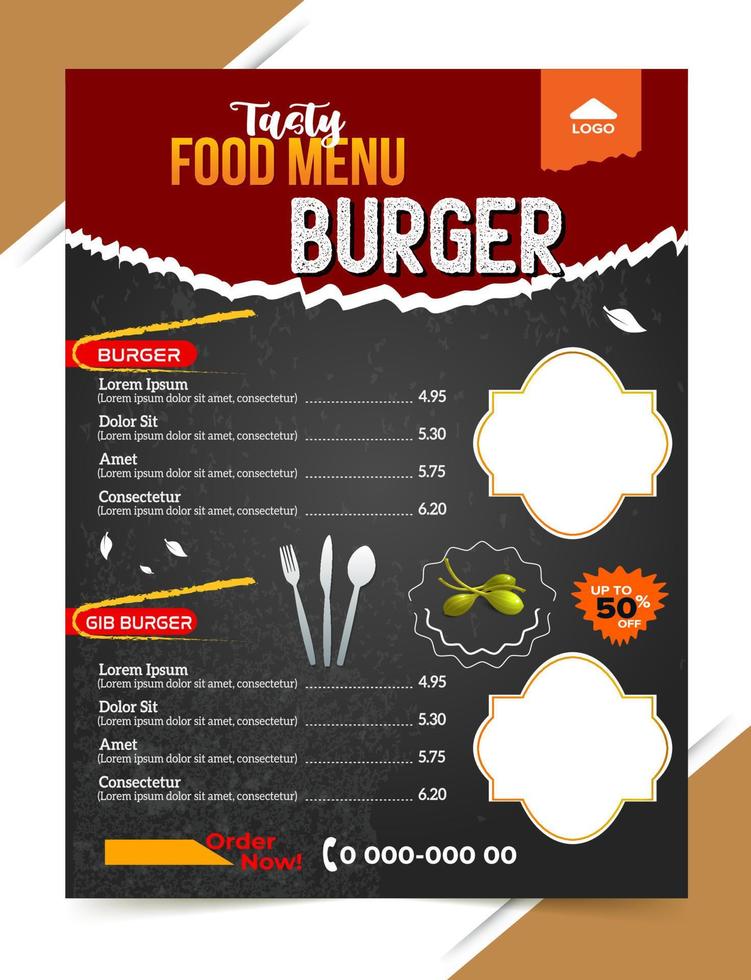 conception de flyer de restauration rapide de restaurant délicieux. couverture de repas chinois du menu du jour, brochure de restauration rapide burger, modèle de vecteur de plats chauds, dépliant de livre de menu de restaurant burger.