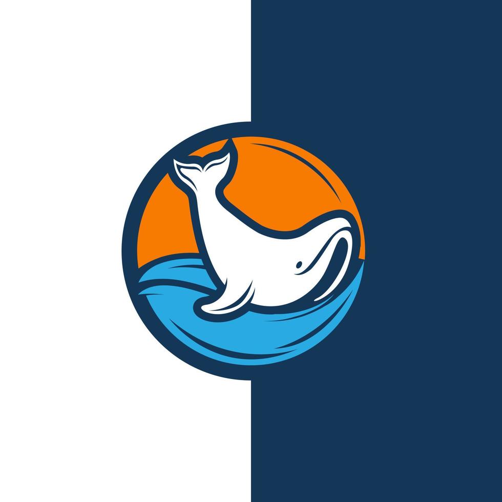 insigne de baleine cool et créatif avec queue ou nageoire de baleine, soleil, ciel crépusculaire et inspiration de conception de logo de mer ou d'océan. adapté au logo d'aventure en plein air vecteur