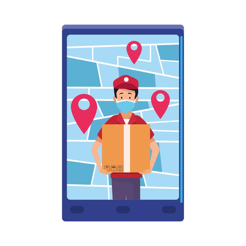 smartphone avec application de livraison et travailleur vecteur