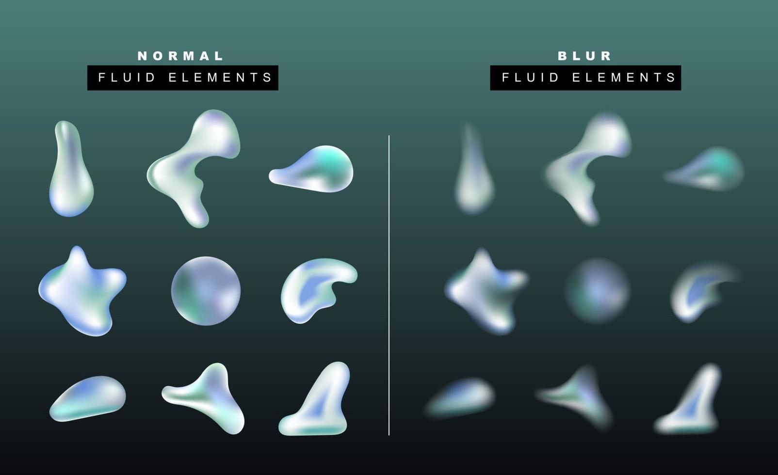 ensemble de vecteurs de goutte de liquide réaliste. effet fluide formes floues. sphère de gradient et bulles. objets isolés sur fond sombre pour bannières, affiches, cartes, flyers. vecteur