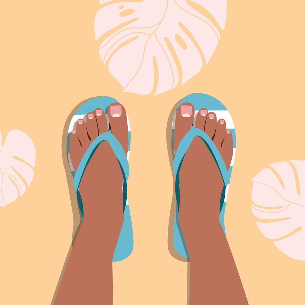 une paire de femelle jambes avec une pédicure dans plage chaussons. plage chaussures. Couleur chaussons. femelle des stands dans tongs, dessin animé style. été vacances et relaxation. illustration plat conception. vecteur