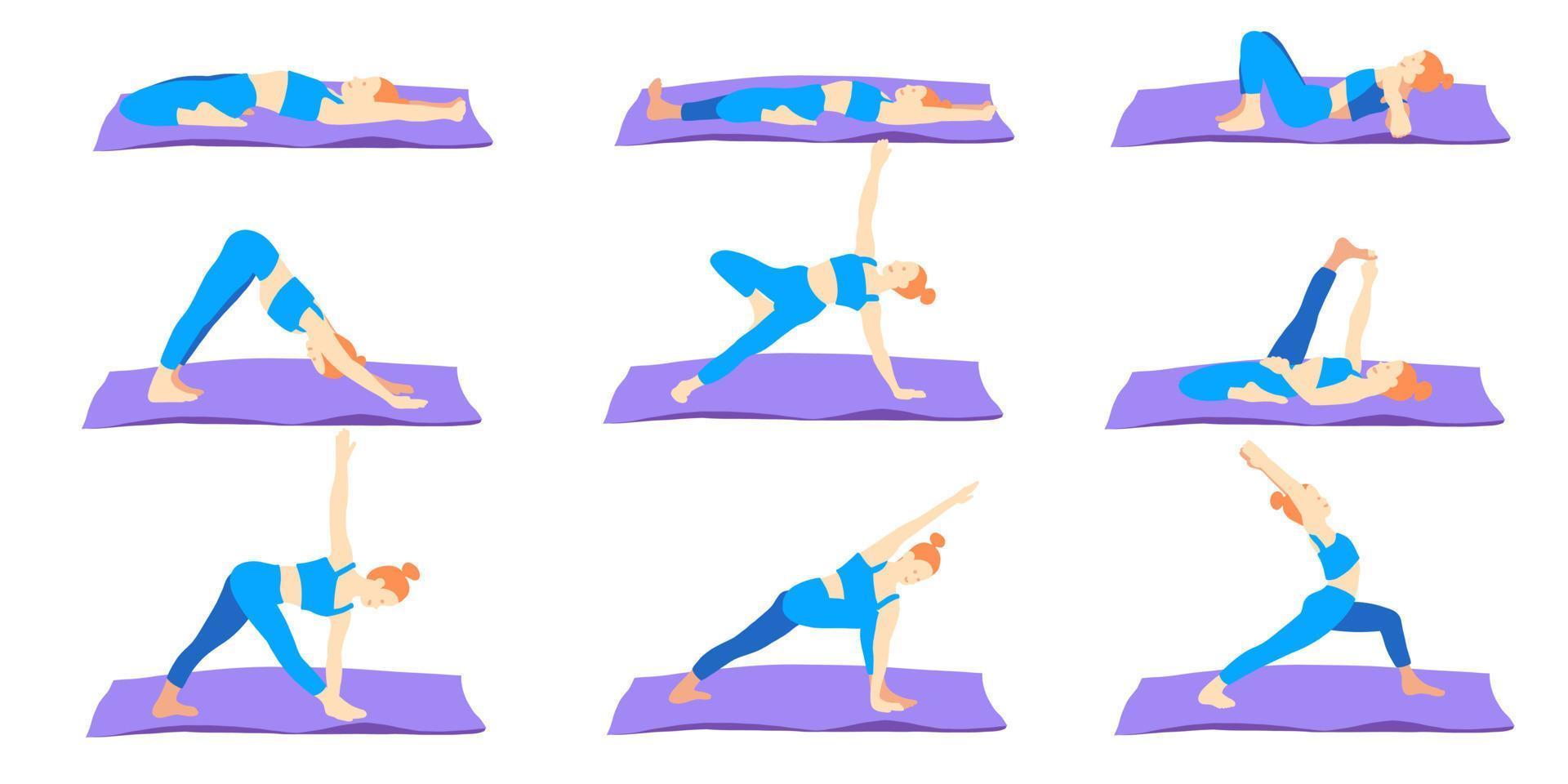 poses de yoga avec collection de tapis. gingembre femme européenne femme fille. illustration vectorielle dans un style plat de dessin animé isolé sur fond blanc. vecteur