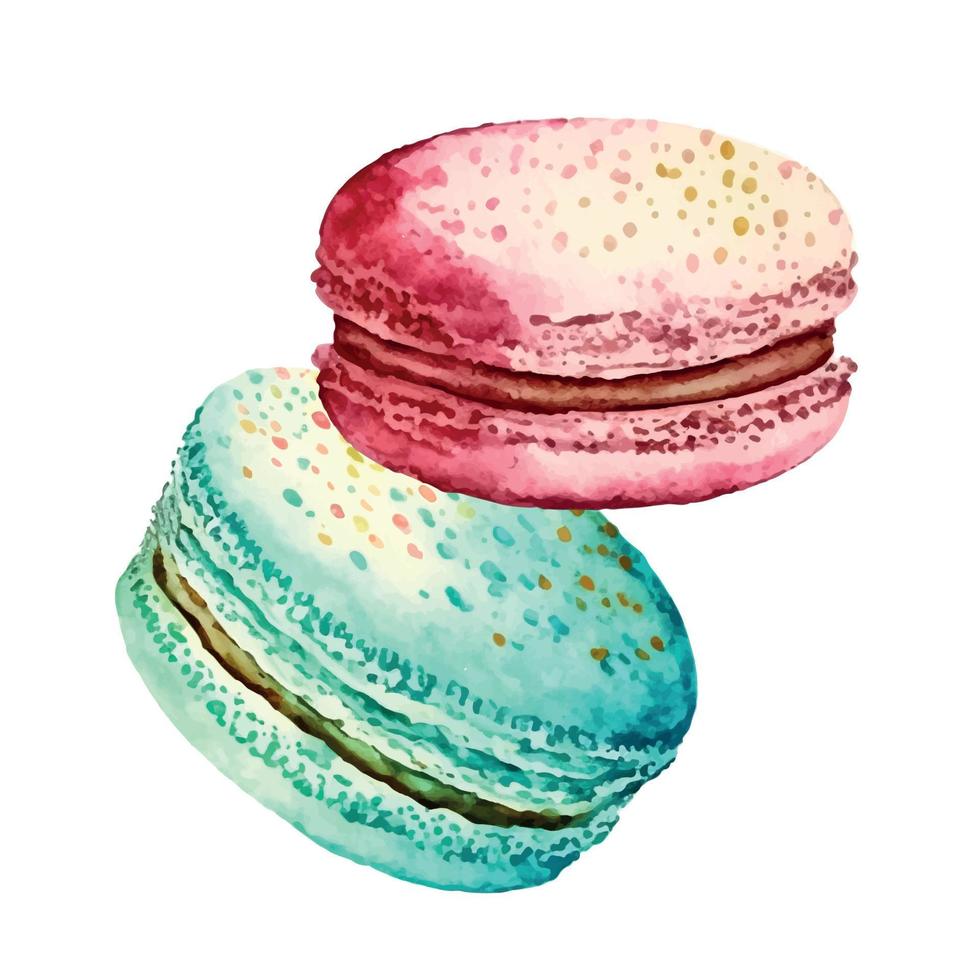 aquarelle image de bleu macaron décoré avec brillant rose Marguerite fleurs isolé sur blanc Contexte. main tiré illustration de populaire croquant dessert pour café décoration vecteur