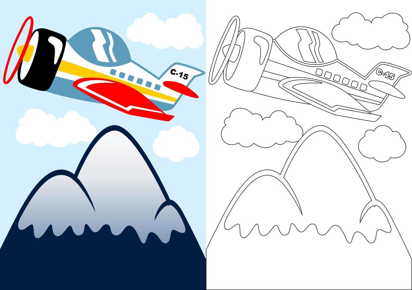 vecteur dessin animé de avion en volant à travers montagnes, coloration page ou livre