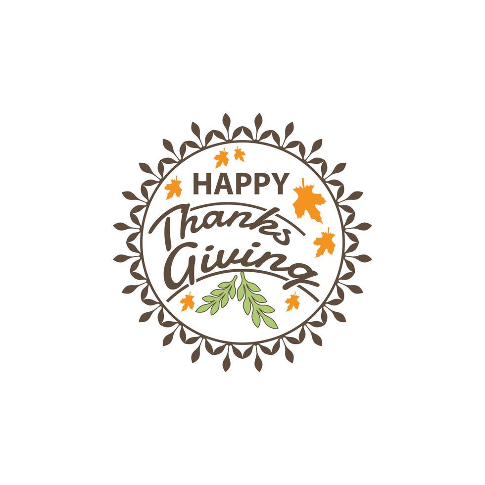 joyeux texte de calligraphie de thanksgiving avec des feuilles vertes illustrées sur fond blanc, typographie vectorielle vecteur