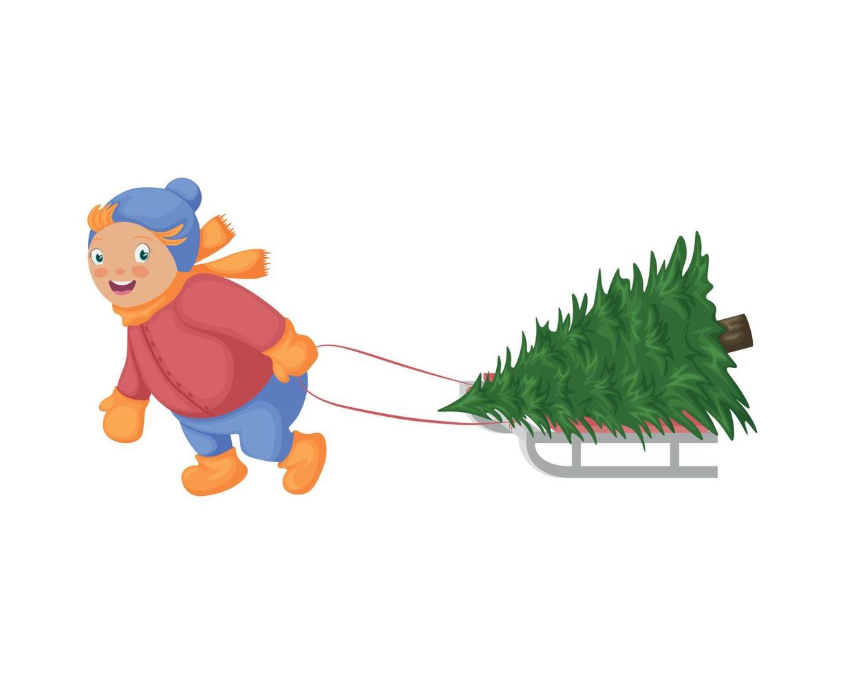 une enfant avec une Noël arbre. Noël illustration représentant une garçon porter une Noël arbre sur une traîneau. mignonne bébé avec une Noël arbre. vecteur illustration