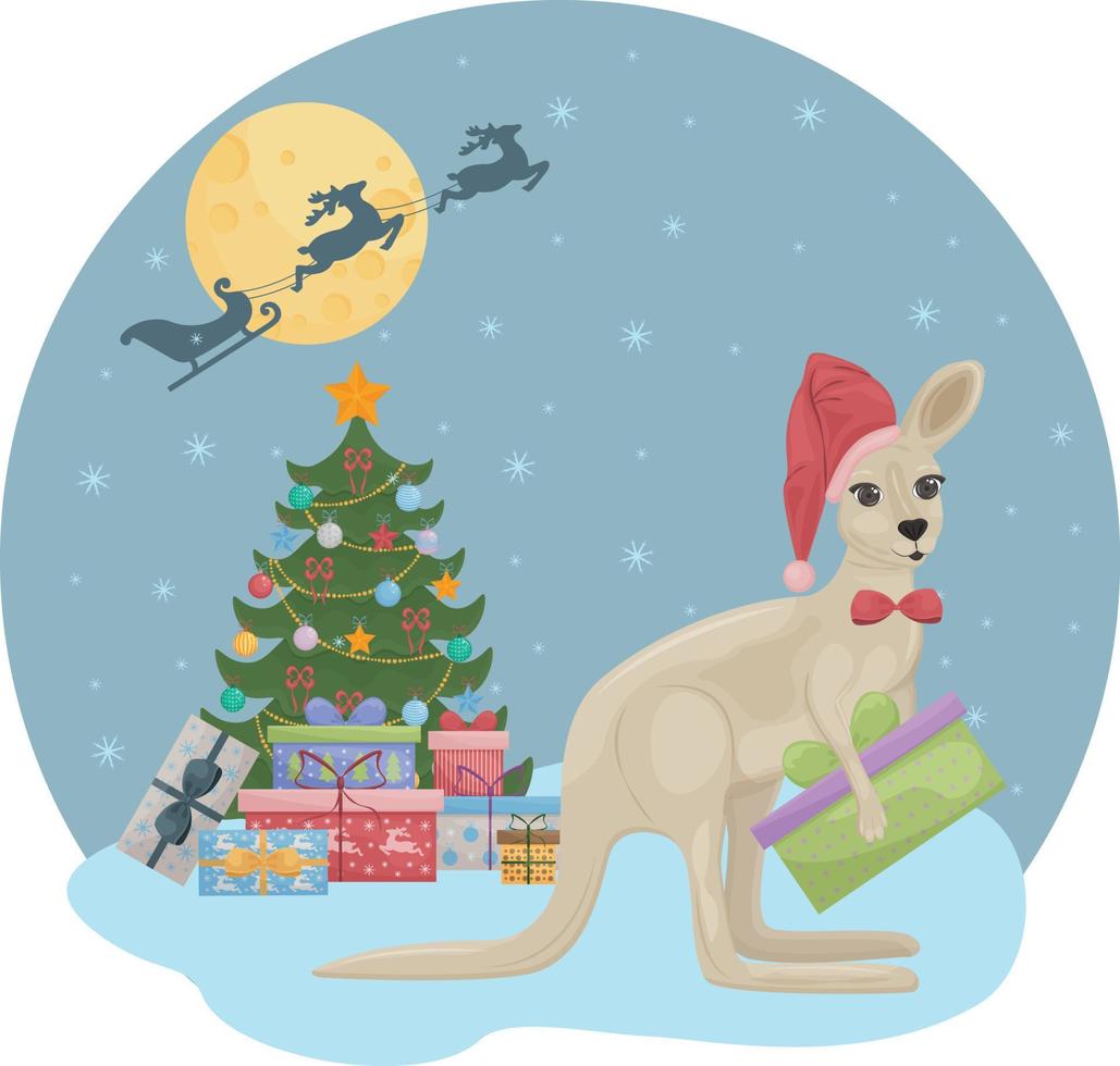 mignonne Noël illustration représentant une Noël arbre avec cadeaux et une mignonne kangourou séance près une Noël arbre avec cadeaux. Père Noël s renne sont dans le ciel. les enfants s Nouveau année s illustration vecteur
