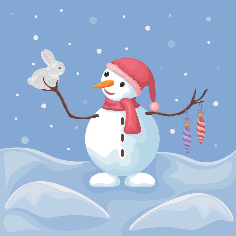 une bonhomme de neige avec une lapin. hiver illustration représentant une mignonne bonhomme de neige avec Noël arbre jouets. une de bonne humeur bonhomme de neige dans une chapeau et écharpe détient une lapin dans le sien mains. vecteur illustration de Noël.