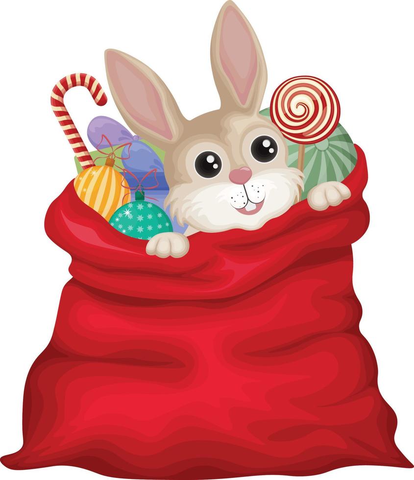 une sac de cadeaux avec une lapin. rouge ouvert sac avec cadeaux avec le symbole de le Nouveau an. mignonne dessin animé lapin coups d'oeil en dehors de Père Noël claus sac. vecteur illustration
