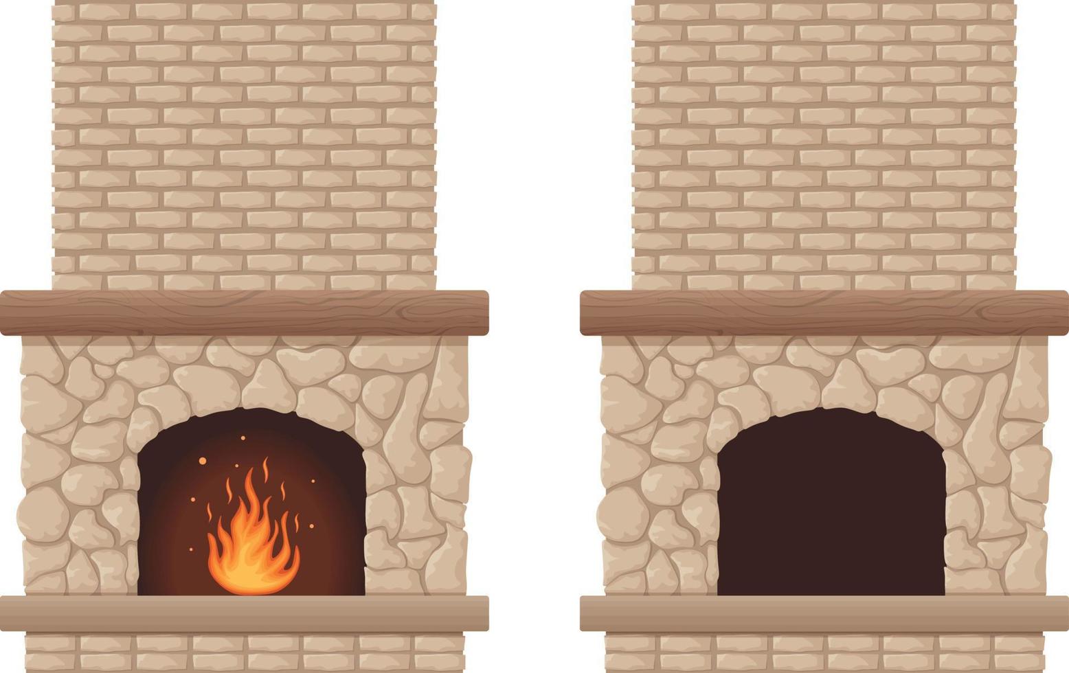 cheminées. pierre cheminées. le image de deux cheminées dans un une Feu est brûlant, le autre sans pour autant Feu. intérieur articles. vecteur illustration isolé sur une blanc Contexte.