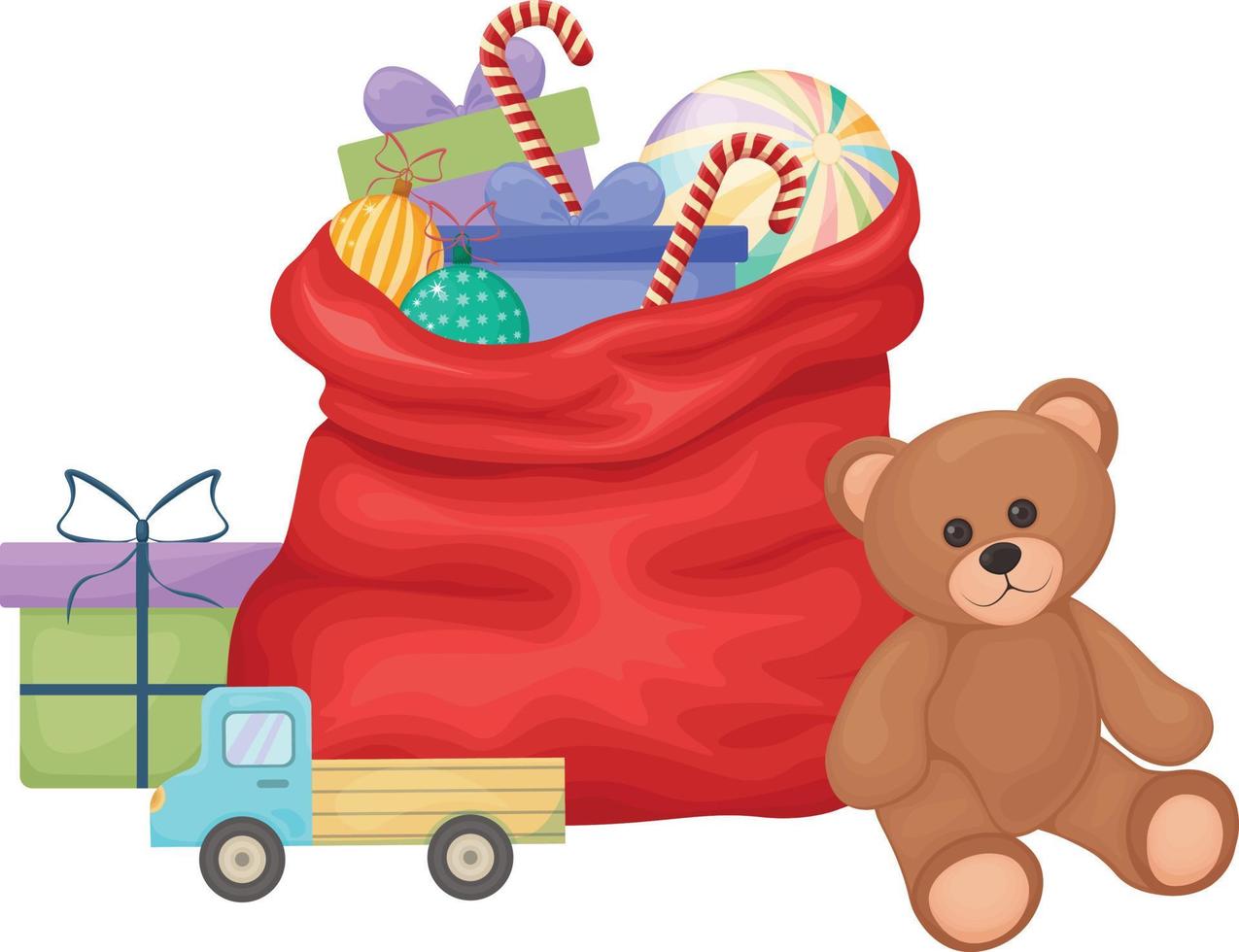 une sac de cadeaux. Noël illustration avec un image de un ouvert sac avec cadeaux et une mignonne jouet ours. Nouveau année s illustration. vecteur