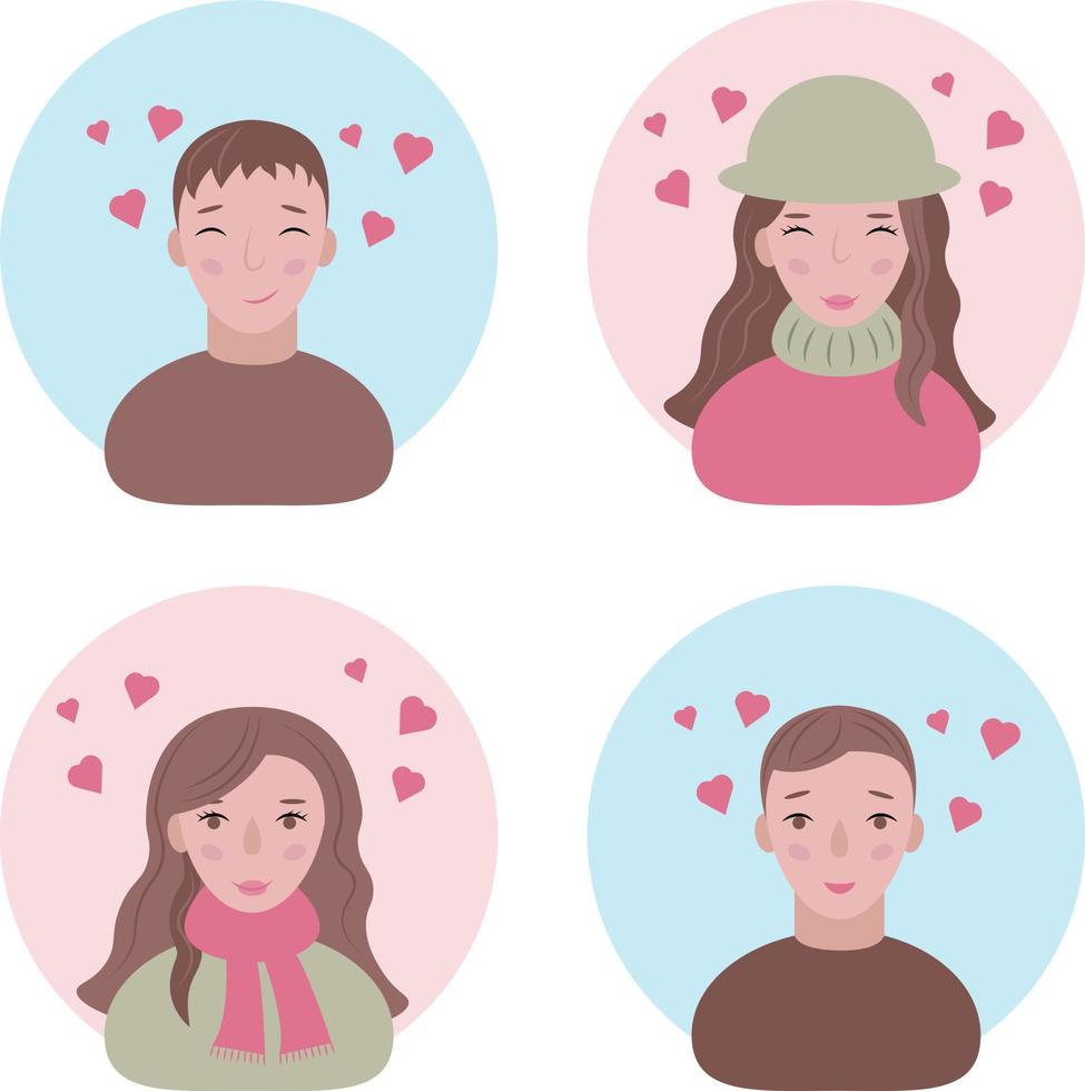 visages de Jeune gens dans l'amour. avatars de content Hommes et femmes dans l'amour. portraits de souriant gens pour Valentin s journée. marrant visages avec cœurs plus de leur têtes. vecteur illustration dans dessin animé style