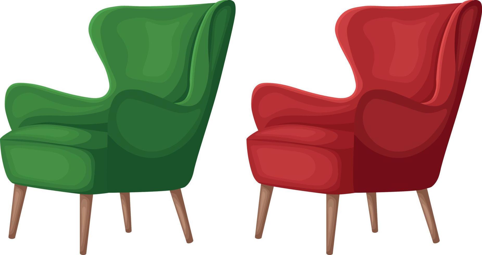 ancien chaises. deux les fauteuils dans rétro style. rouge et vert chaises. tapissé meubles pour le vivant chambre. intérieur articles sur une blanc Contexte vecteur