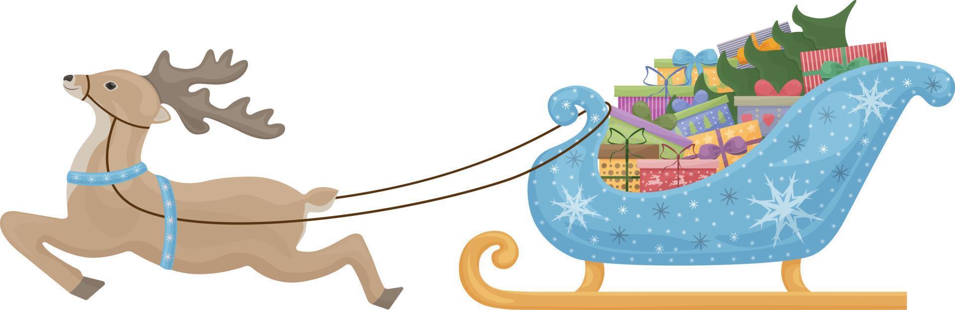 mignonne Noël illustration représentant Père Noël s renne attelé à une traîneau avec cadeaux et une Noël arbre. bleu Père Noël claus traîneau décoré avec flocons de neige. salutation carte, vecteur illustration
