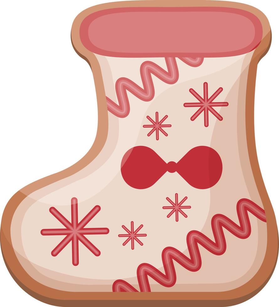 joli pain d'épice de noël décoré de glaçage, un pain d'épice du nouvel an en forme de botte. pâtisseries festives décorées de glaçage. biscuits de noël en forme de chaussette. vecteur isolé