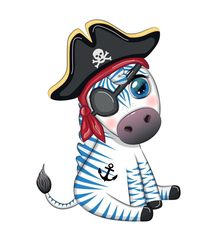 pirate zèbre mignon dans un bicorne avec un bandeau sur l'oeil. pirates et trésors, îles et palmiers vecteur
