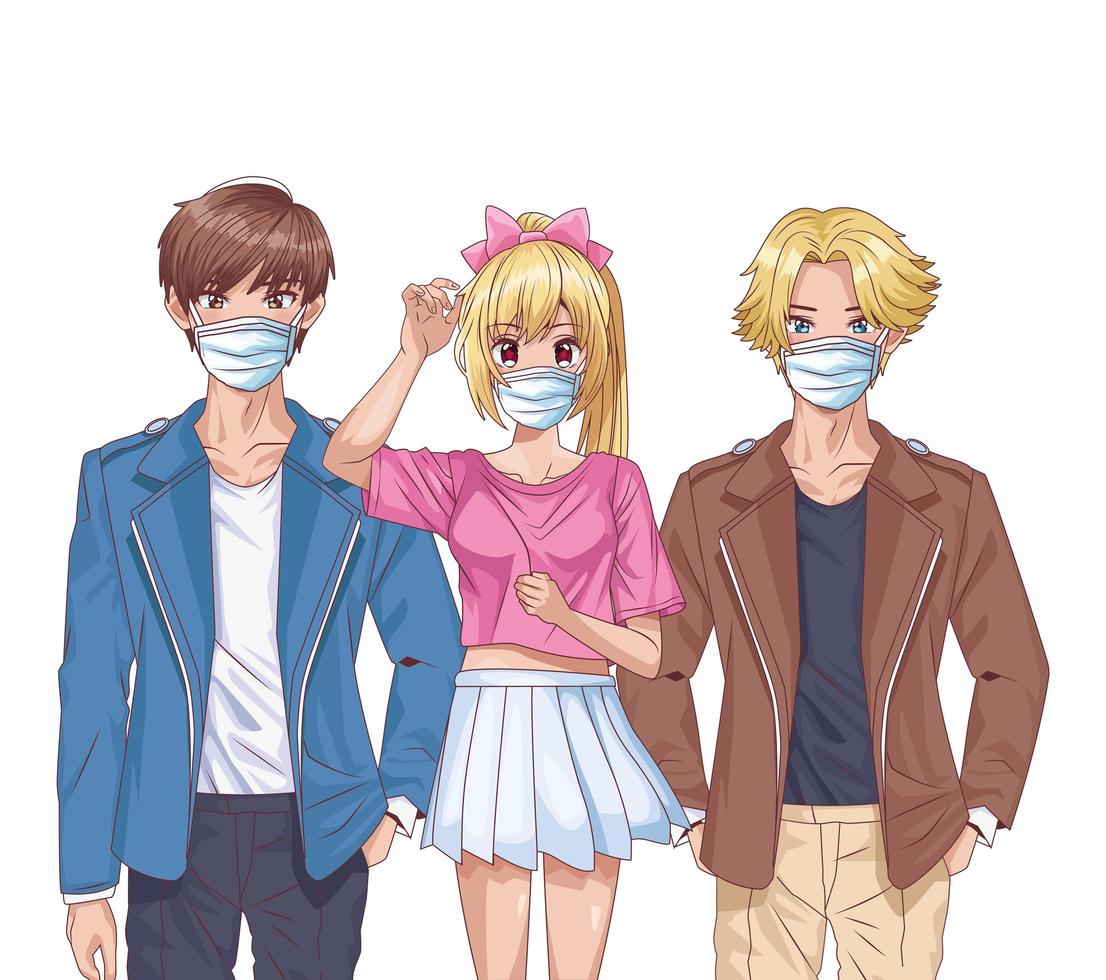 jeunes utilisant des masques faciaux personnages d'anime vecteur