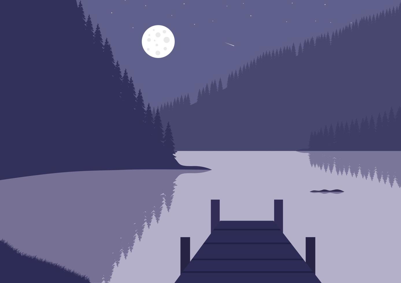 nuit paysage avec une jetée et une lac. vecteur illustration dans plat style.