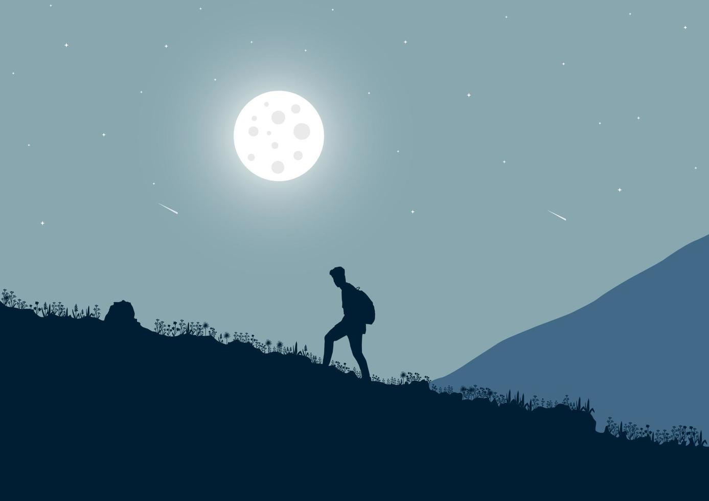 homme en marchant sur le colline à nuit avec une plein lune, vecteur illustration