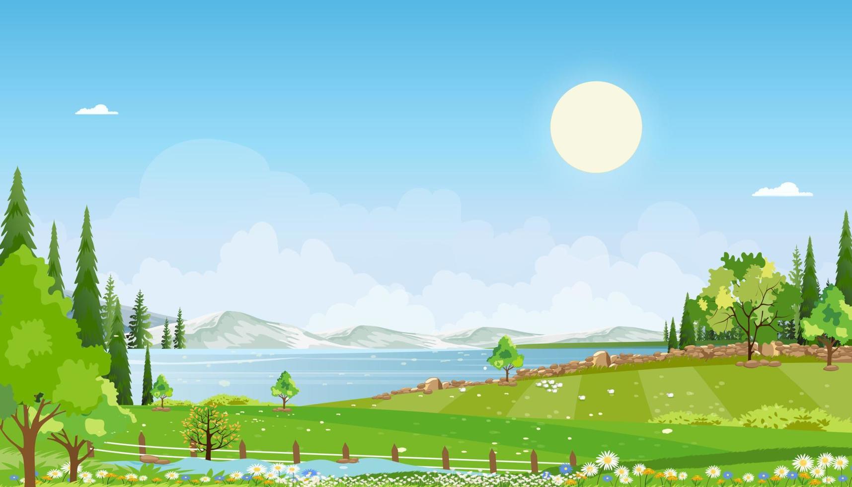 paysage de ferme rurale de printemps nature avec champ vert avec nuage, ciel bleu, horizon vectoriel campagne rurale naturelle avec arbre forestier, montagnes en journée ensoleillée, vecteur de dessin animé pour pâques, printemps, bannière d'été