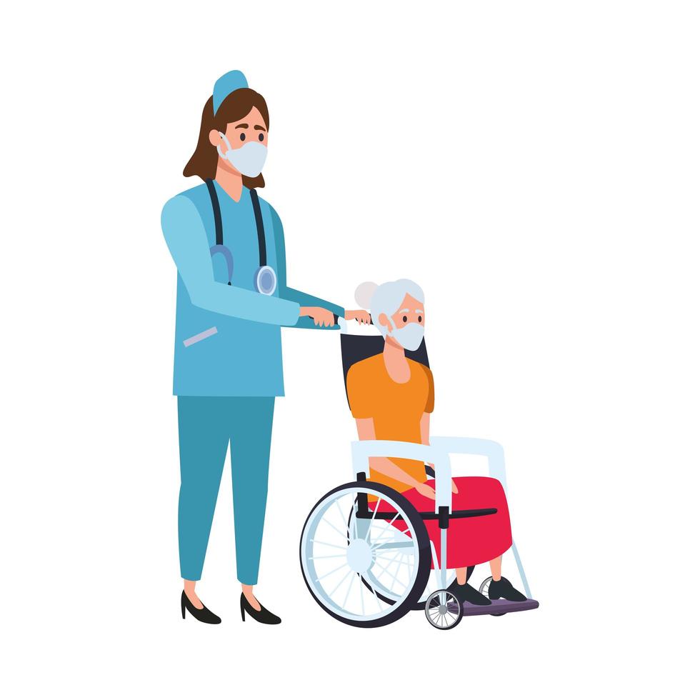 Infirmière s'occupant de vieille femme en fauteuil roulant vecteur