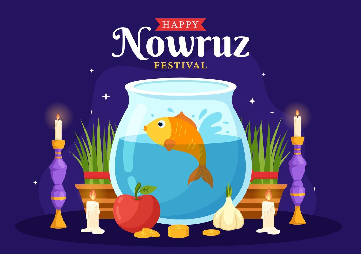 content nowruz journée ou iranien Nouveau année illustration avec herbe semeni et poisson pour la toile bannière ou atterrissage page dans plat dessin animé main tiré modèles vecteur