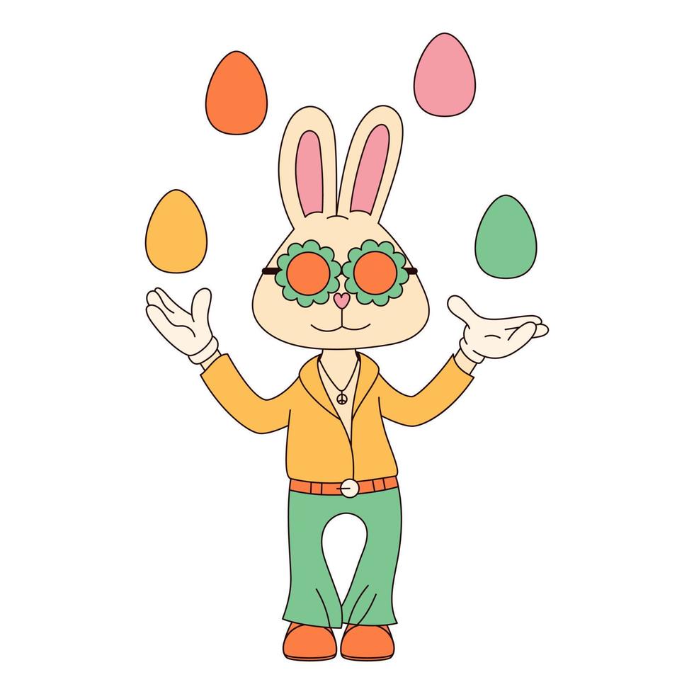 sensationnel hippie content Pâques personnage. Pâques lapin dans branché rétro Années 60 Années 70 dessin animé style. vecteur