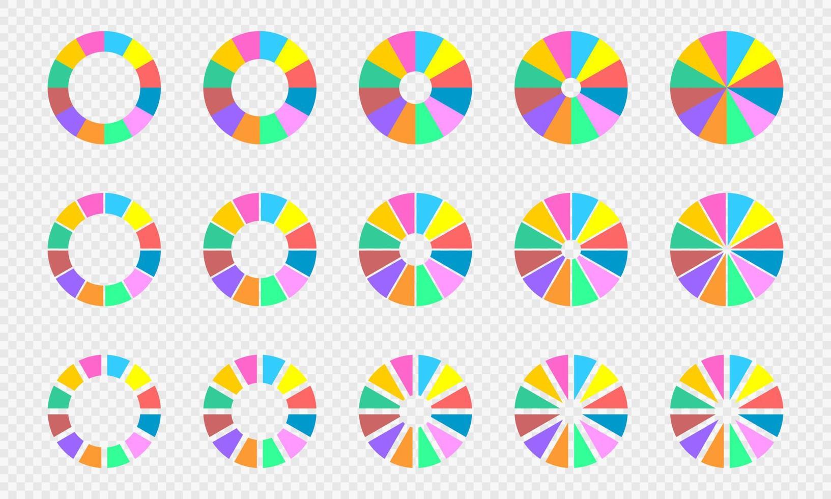 tarte et Donut graphiques ensemble infographie cercle diagrammes divisé dans 12 égal sections de différent couleurs vecteur