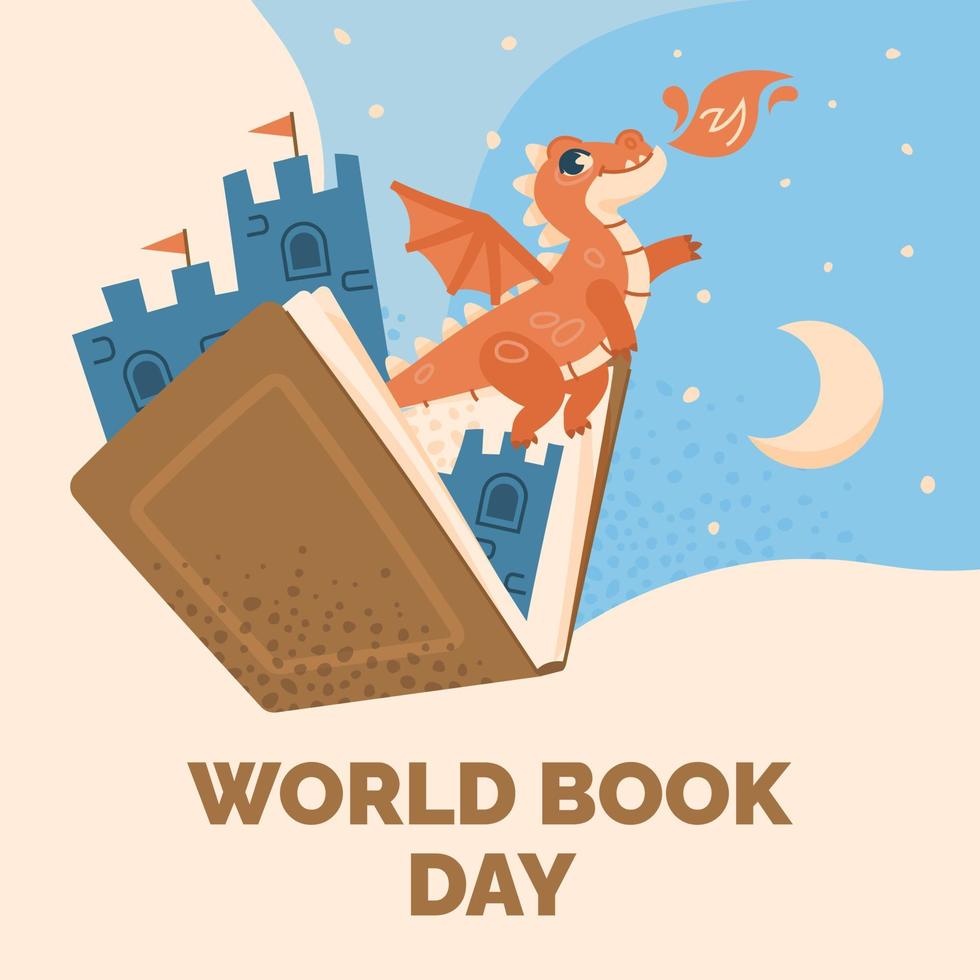 bannière pour monde livre journée. ouvert livre de Fée contes avec dragon et château. vecteur