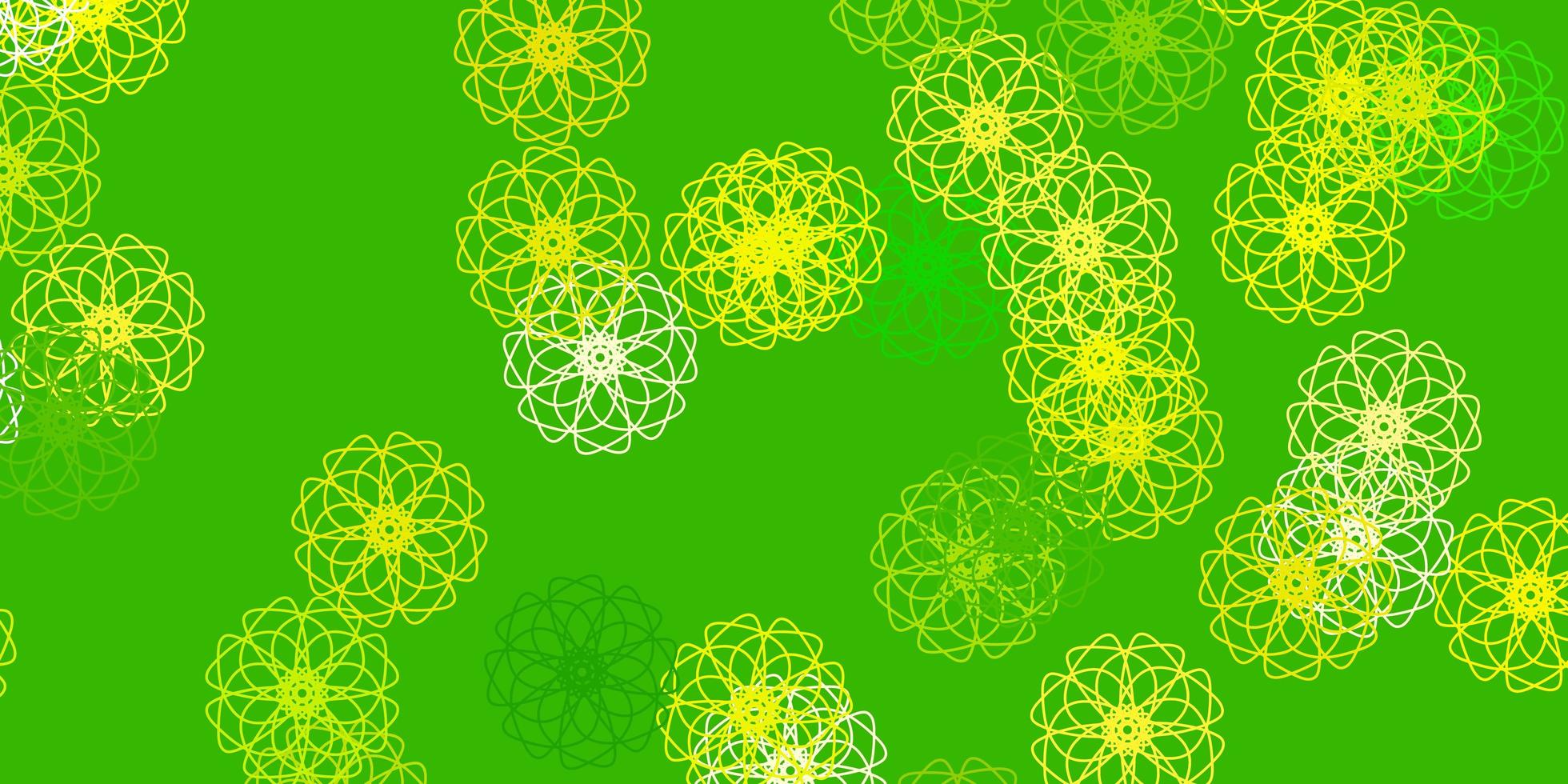 fond de doodle vecteur vert clair, jaune avec des fleurs.