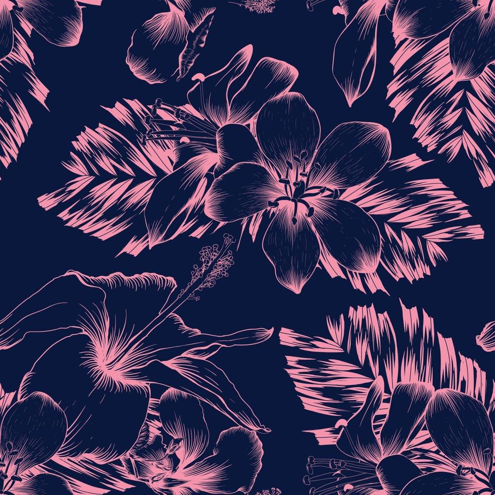 modèle sans couture hibiscus rose et fleurs sauvages et feuilles de palmier sur fond bleu foncé. dessin d'art de ligne d'illustration vectorielle. vecteur