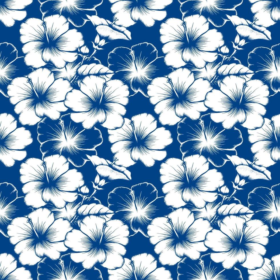 modèle sans couture fleurs d'hibiscus vintage botanique abstrait fond bleu classique. illustration vectorielle dessin dessin au trait. pour la conception de papier peint, le tissu textile ou le papier d'emballage. vecteur