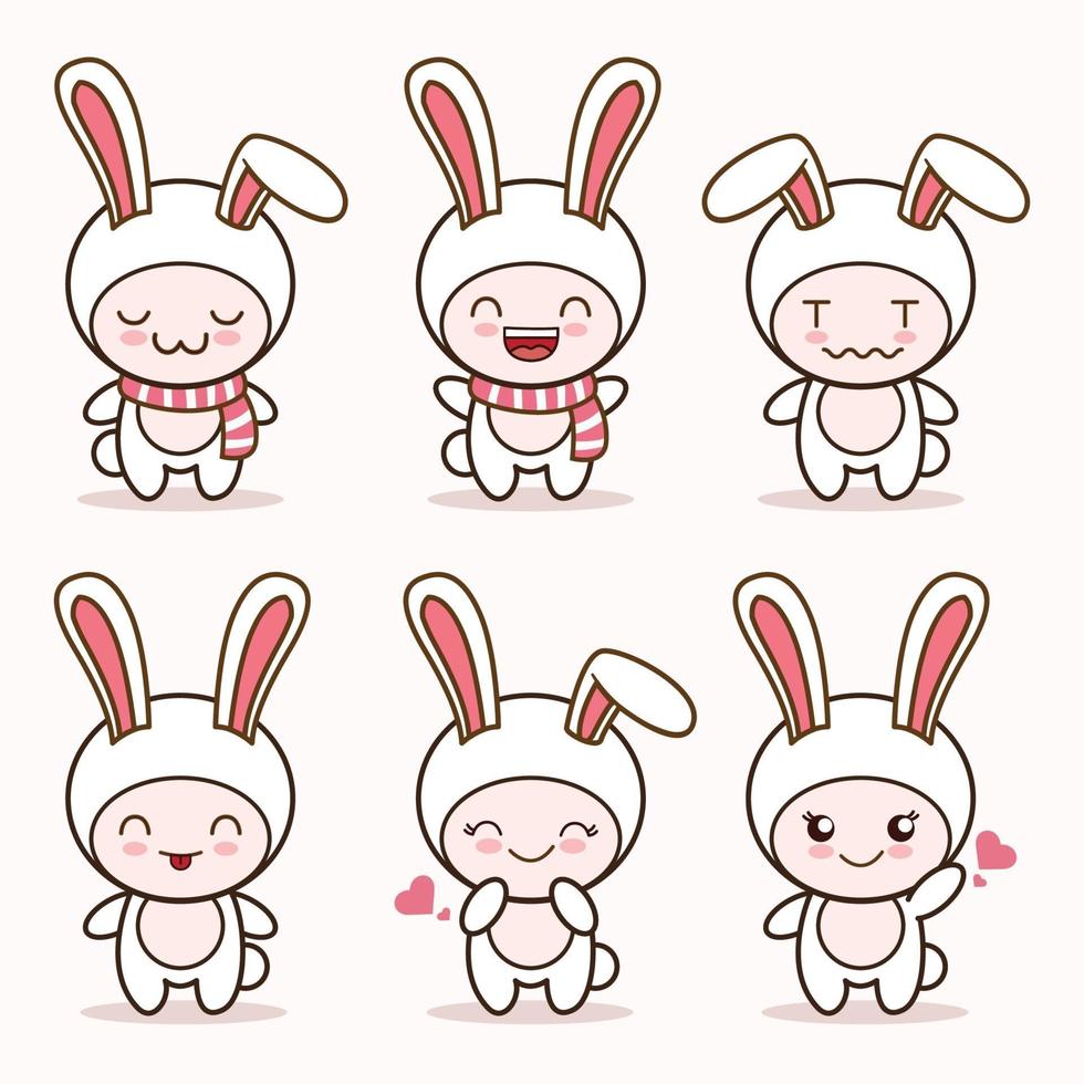 mascotte de lapin mignon avec différents types de collection de jeu d'expressions vecteur