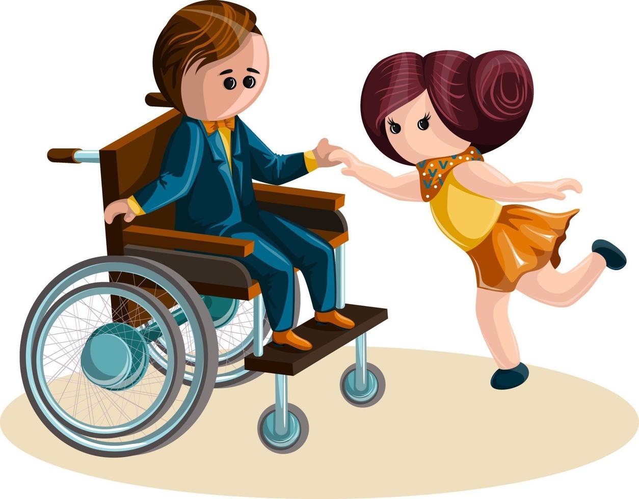 image vectorielle d'une fille dansant avec un garçon en fauteuil roulant. style de bande dessinée. vecteur