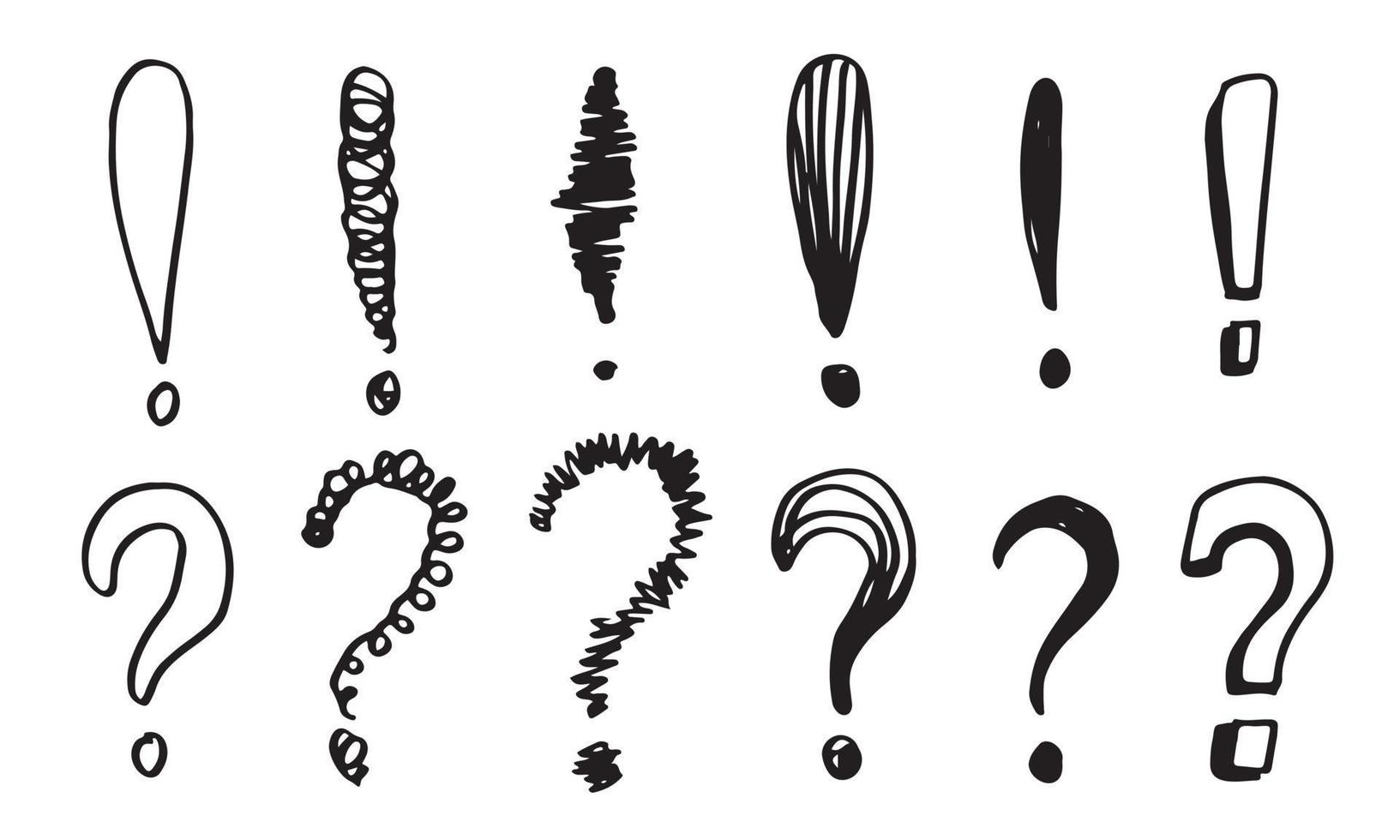 image de l'icône de point d'interrogation et d'exlamation dans le style doodle sur fond blanc. vecteur