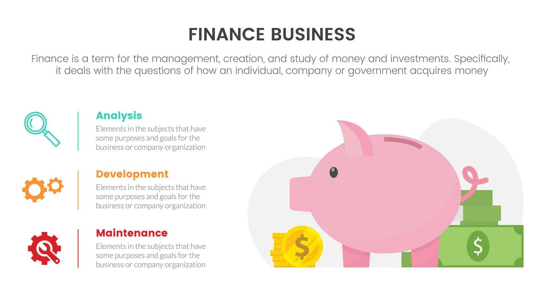 affaires la finance avec porcin banque infographie concept pour faire glisser présentation avec 3 point liste et verticale orientation vecteur